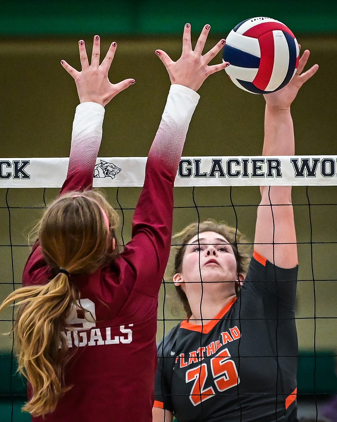 Flathead's Alliyah Stevens (25) goes up for a kill against Helena in Round 2 of the Western AA Volleyball Tournament at Glacier High School on Friday, Nov. 5. (Casey Kreider/Daily Inter Lake)