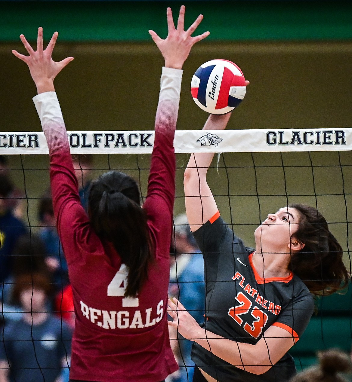 Flathead's Savanna Sterck goes up for a kill against Helena in Round 2 of the Western AA Volleyball Tournament at Glacier High School on Friday, Nov. 5. (Casey Kreider/Daily Inter Lake)