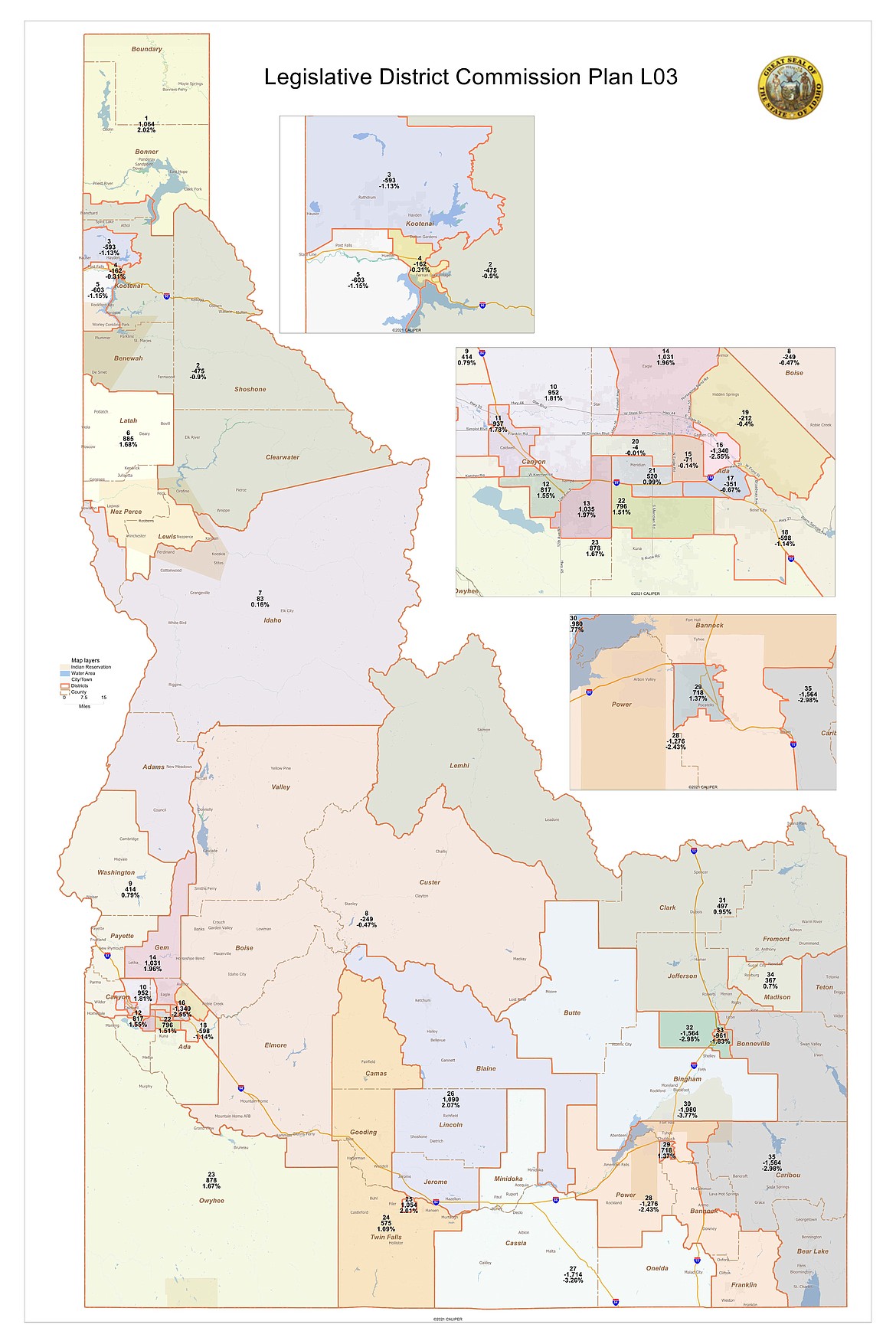 Idaho’s bipartisan redistricting commission approved a new legislative map, pictured above. All of Boundary County and most of Bonner County, with the exception of the Blanchard and Spirit Lake areas, would remain in the new District 1.