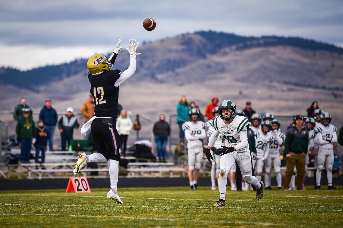 Polson wide receiver Robert Perez (12) catches a touchdown pass in the third quarter against Billings Central at Polson High School on Saturday, Nov. 6. (Casey Kreider/Daily Inter Lake)