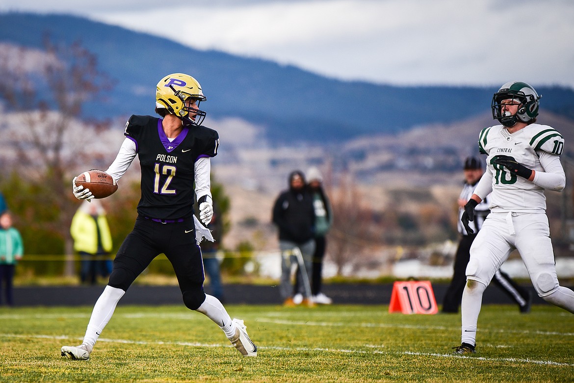 Polson wide receiver Robert Perez (12) scores a touchdown in the third quarter against Billings Central at Polson High School on Saturday, Nov. 6. (Casey Kreider/Daily Inter Lake)