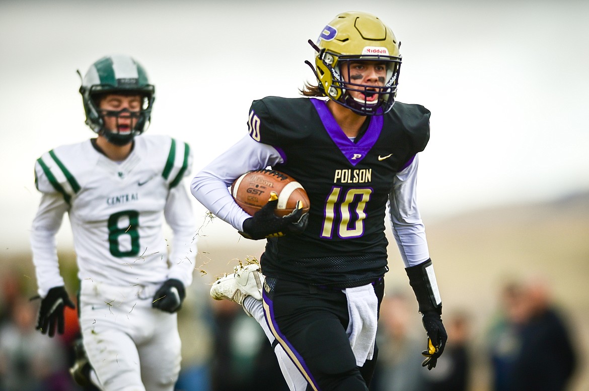 Polson wide receiver Colton Graham (10) heads into the end zone on a first quarter touchdown reception against Billings Central at Polson High School on Saturday, Nov. 6. (Casey Kreider/Daily Inter Lake)