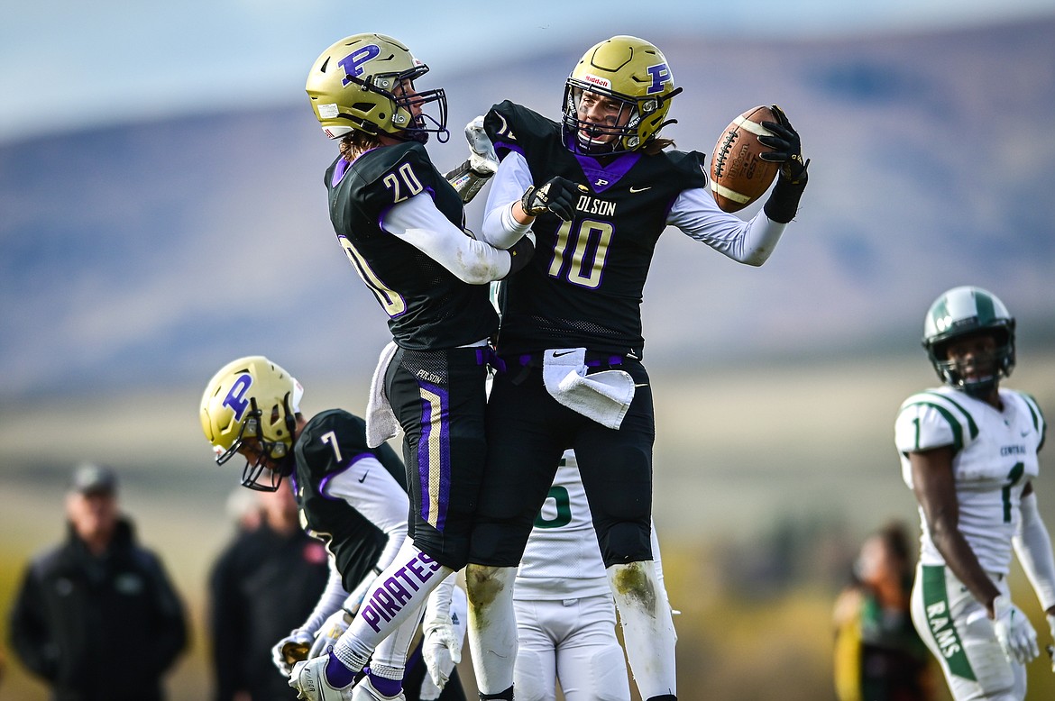 Polson wide receivers Xavier Fisher (20) and Colton Graham (10) celebrate after Graham's touchdown reception in the fourth quarter against Billings Central at Polson High School on Saturday, Nov. 6. (Casey Kreider/Daily Inter Lake)