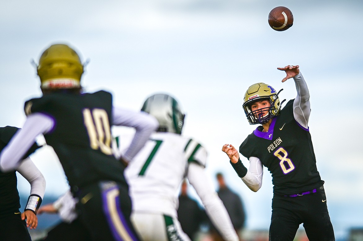 Polson quarterback Jarrett Wilson (8) completes a pass to wide receiver Colton Graham (10) in the second quarter against Billings Central at Polson High School on Saturday, Nov. 6. (Casey Kreider/Daily Inter Lake)