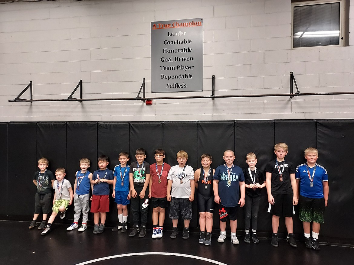 Courtesy photo
The Post Falls Wrestling Club had a strong showing at the NIWL youth wrestling tourney. Placers, not in order of picture were: Daniel Stinson 2nd, Easton Morgan 1st, Christopher McClafferty 3rd, Lucus West 2nd, Daewon Cooie 2nd, Aure Brennan 1st, Shea Tripp 3rd, Michael Jacober 3rd, Chase Tripp 2nd, Carson Perkins 1st, Jaxson Ramirez Murinko 2nd, Waylon Haug 3rd, Anthony Buchanan 1st, Raiden Cass 3rd, Dylan Orth 3rd, Landen Millsap 2nd, Titus Wise 3rd, Levi Day 2nd, Tyler Jacober 2nd, and Logan Hartley 1st.