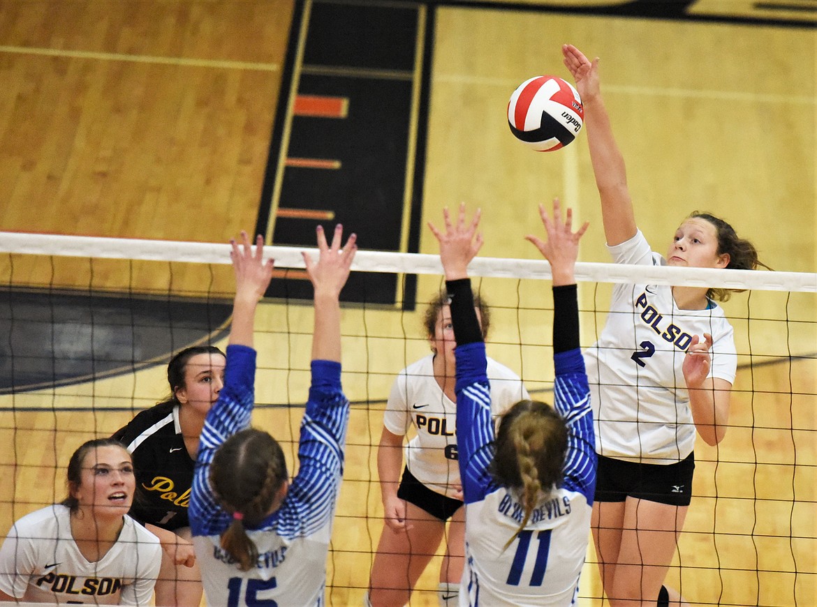 Polson's Mckenna Hanson fires off a shot against Corvallis. (Scot Heisel/Lake County Leader)