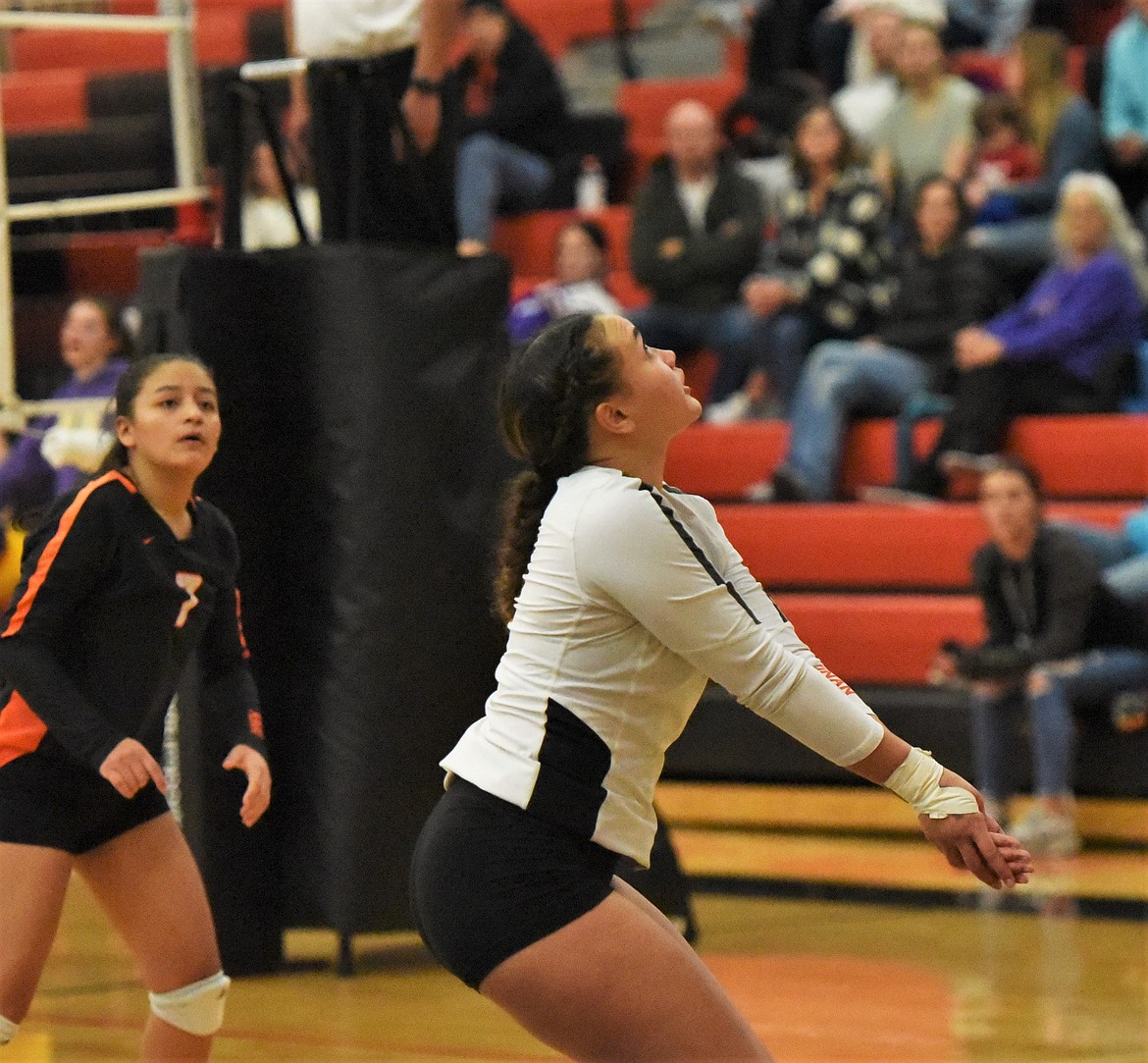 Kylie Fetui of Ronan prepares for a shot against Polson beside teammate Margaret Cordova. (Scot Heisel/Lake County Leader)