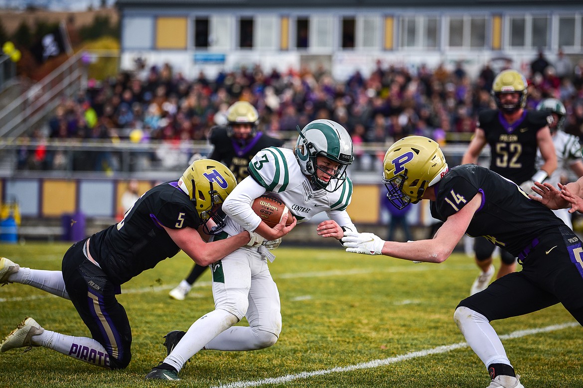 Trent Wilson (5) and Brock Henriksen take down Rams quarterback Adam Balkenbush. (Casey Kreider/Daily Inter Lake)