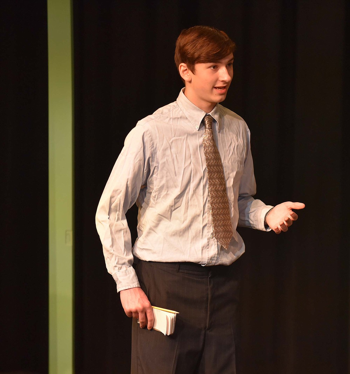 Carter Bechtle asks the jurors to state whether they think the accused is guilty or innocent during the drama “Twelve Angry Jurors” last week at the high school. (Heidi Desch/Whitefish Pilot)