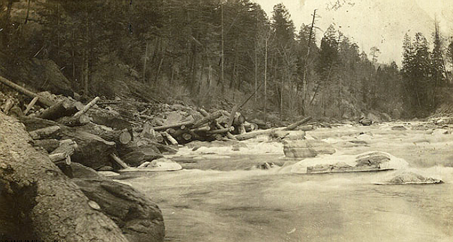 Log drive down Swan River from Swan Lake. Photo taken near Bigfork, Montana, probably 1915-1919. Attribution: Collection of
Denny Kellogg