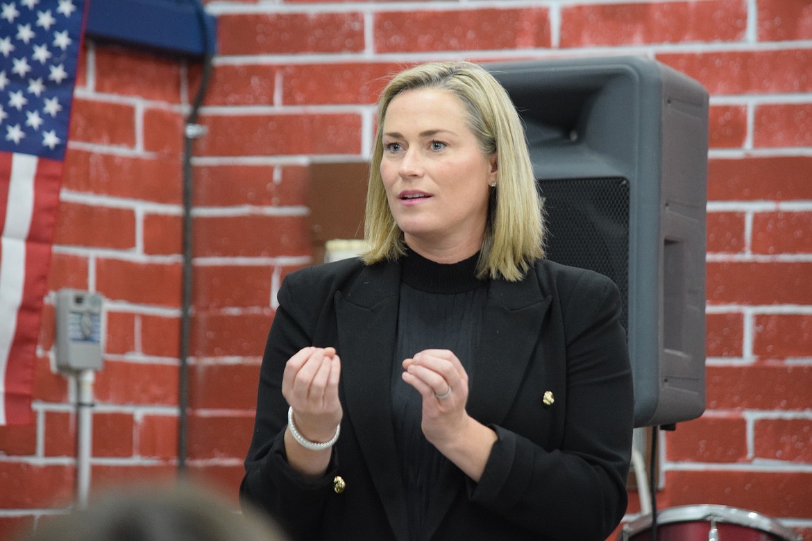 Republican U.S. Senate candidate Tiffany Smiley addresses the Republican Women of Grant County meeting at Lake City Foursquare Church in Moses Lake on Tuesday.