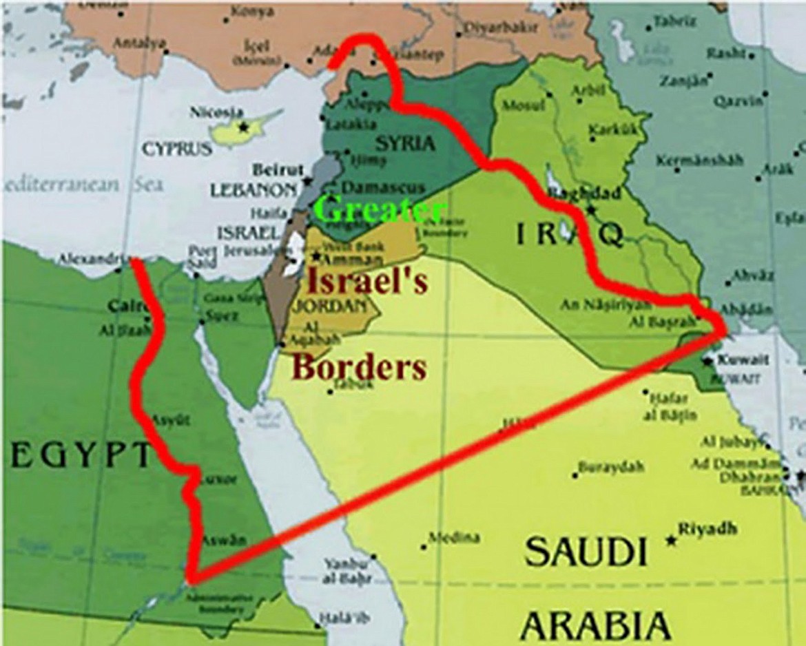 Map of Greater Israel showing extent of the Promised Land mentioned in Genesis 15:18-21 as a gift from God to Abram and his descendants.