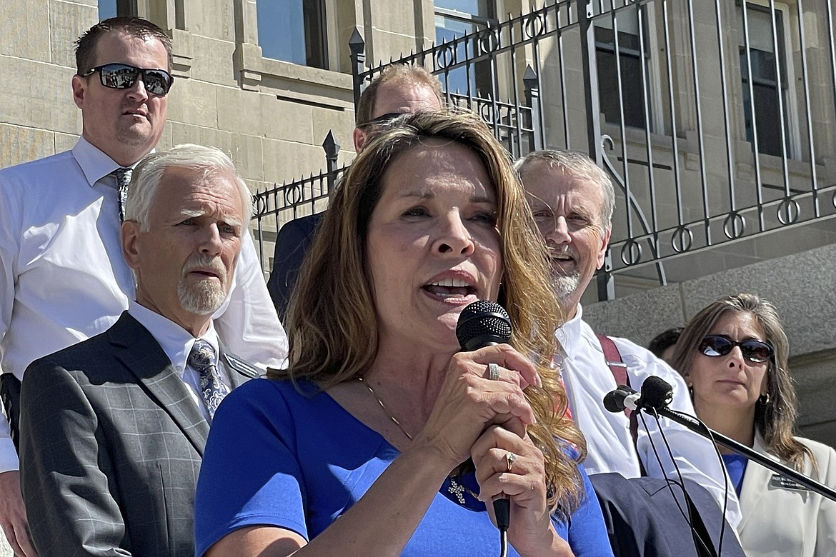 Republican Lt. Gov. Janice McGeachin addresses a rally on the Statehouse steps in Boise, Idaho, on Sept. 15, 2021.