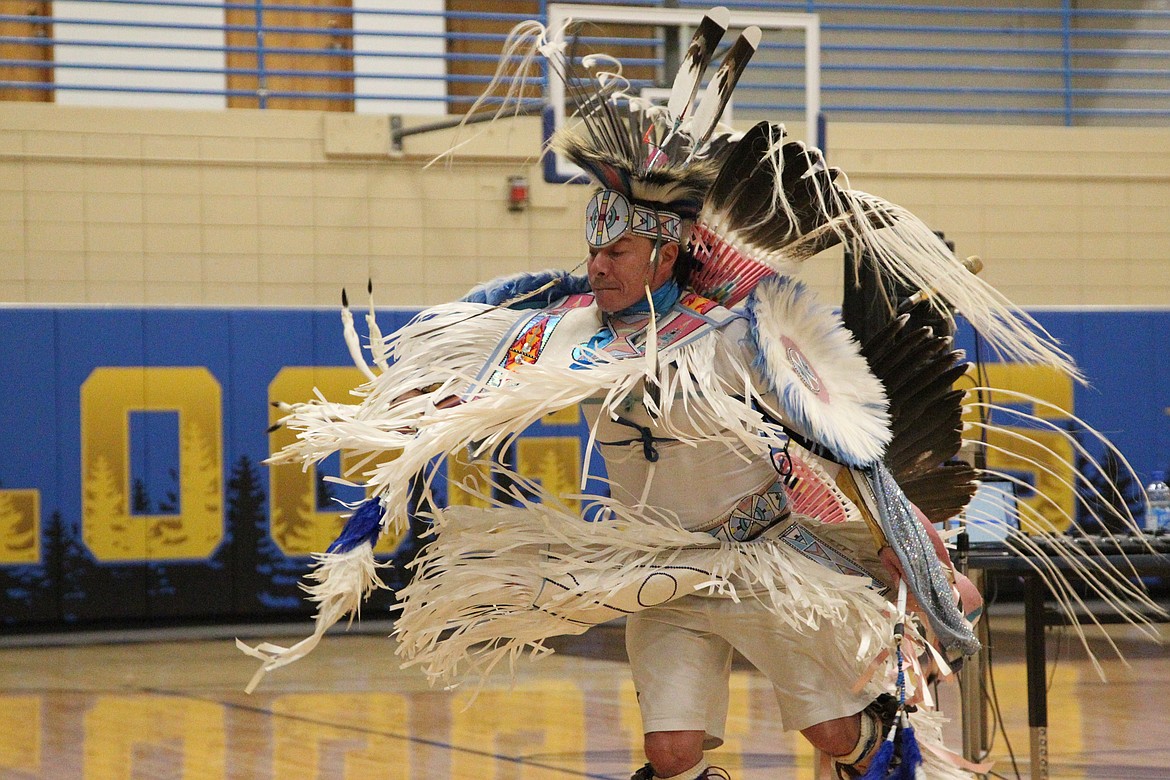 Supaman demonstrates a dance style known as "fancy dance" during a Nov. 9 presentation at Libby Middle High School. (Will Langhorne/The Western News)