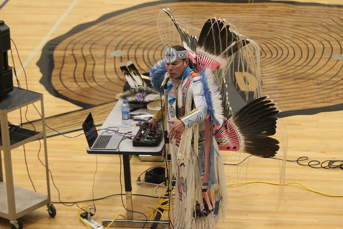 Supaman preforms at Libby Middle High School Nov. 9. (Will Langhorne/The Western News)