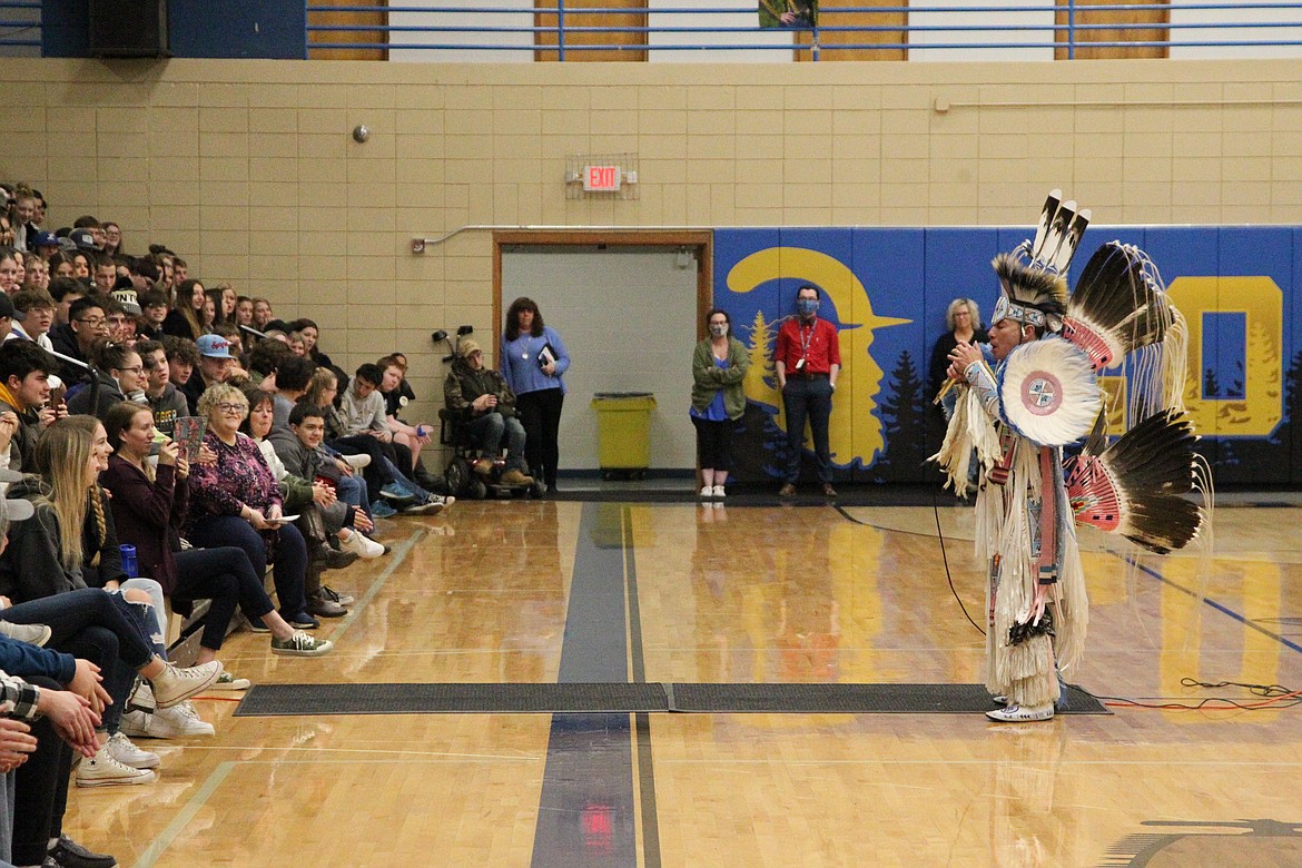 Supaman speaks to Libby Middle High School students on Nov. 9. (Will Langhorne/The Western News)