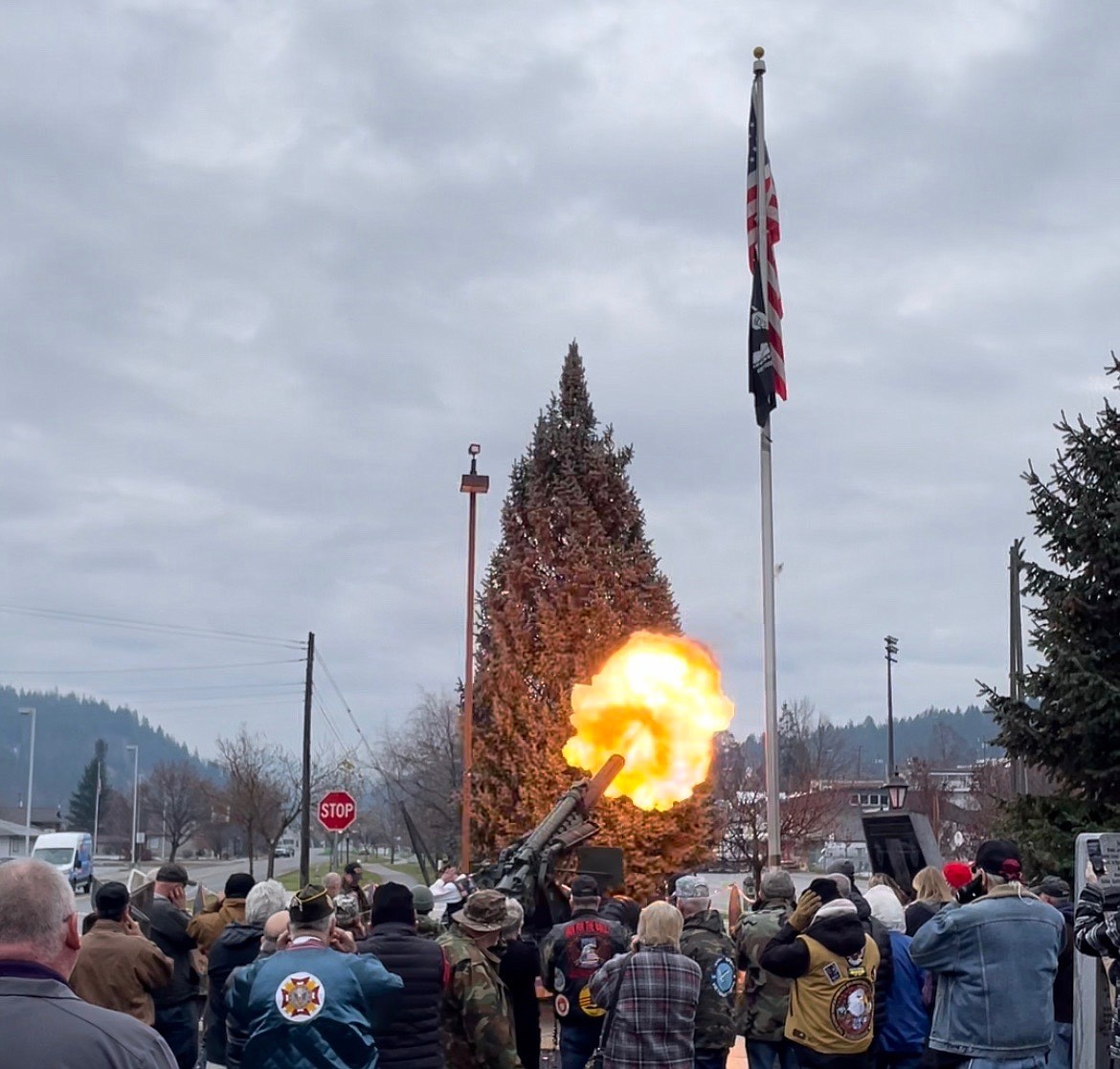 A fireball erupts from the barrel of the Howitzer Artillery Gun at the conclusion of the Veterans Day Ceremony at the Silver Valley Veterans Memorial in Kellogg.