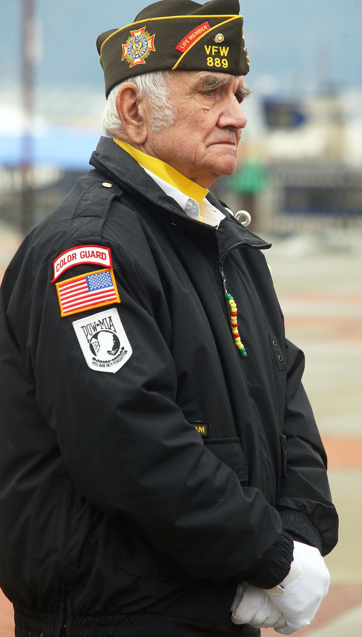 Veteran Joe Kaczmar listens to a speaker during the Veterans Day Ceremony at McEuen Park.