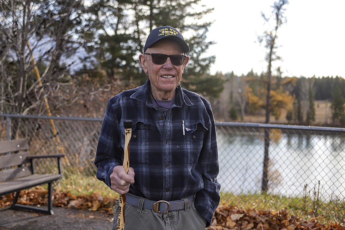 World War II Navy Veteran Vic Holmberg stays busy making ornate walking sticks at the Montana Veterans Home in Columbia Falls. He gives away his handiwork to various veteran organizations and others. (JP Edge photo)