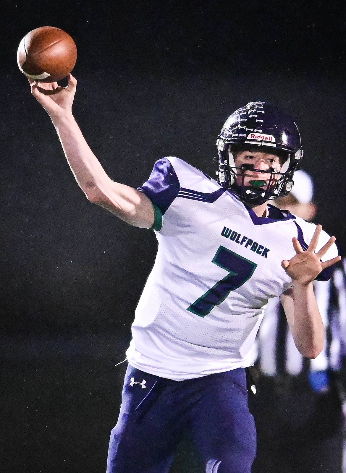 Glacier quarterback Gage Sliter (7) looks to throw in the third quarter against Missoula Sentinel at MCPS Stadium in Missoula on Friday, Nov. 12. (Casey Kreider/Daily Inter Lake)