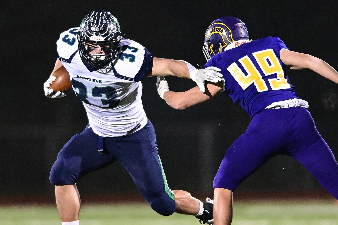 Glacier running back Jake Rendina (33) looks for running room in the first quarter against Missoula Sentinel at MCPS Stadium in Missoula on Friday, Nov. 12. (Casey Kreider/Daily Inter Lake)