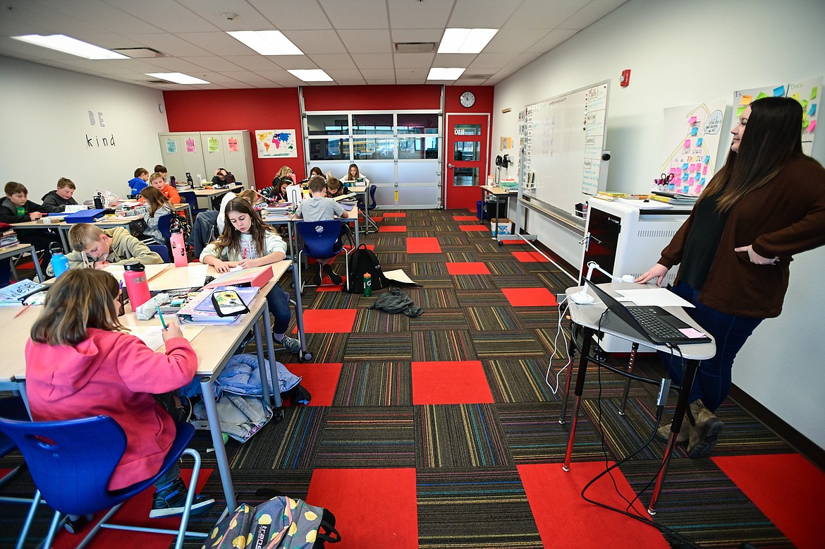 Fifth-grade students go over the answers to a spelling test in Miss Mielke's classroom at West Valley School on Friday, Nov. 12. (Casey Kreider/Daily Inter Lake)