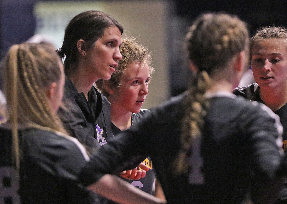 Polson head coach Lizzy Cox talks with her team during a break in action at the state tournament in Bozeman. (Courtesy of Bob Gunderson)