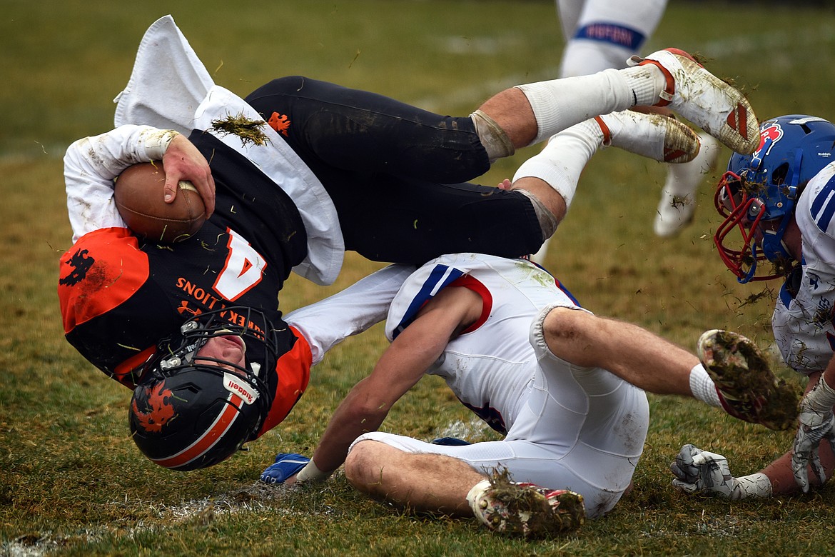 Bigfork's Bryce Gillard upends Lions quarterback Caleb Utter in the second quarter of the Class B state semifinals in Eureka Saturday. (Jeremy Weber/Daily Inter Lake)