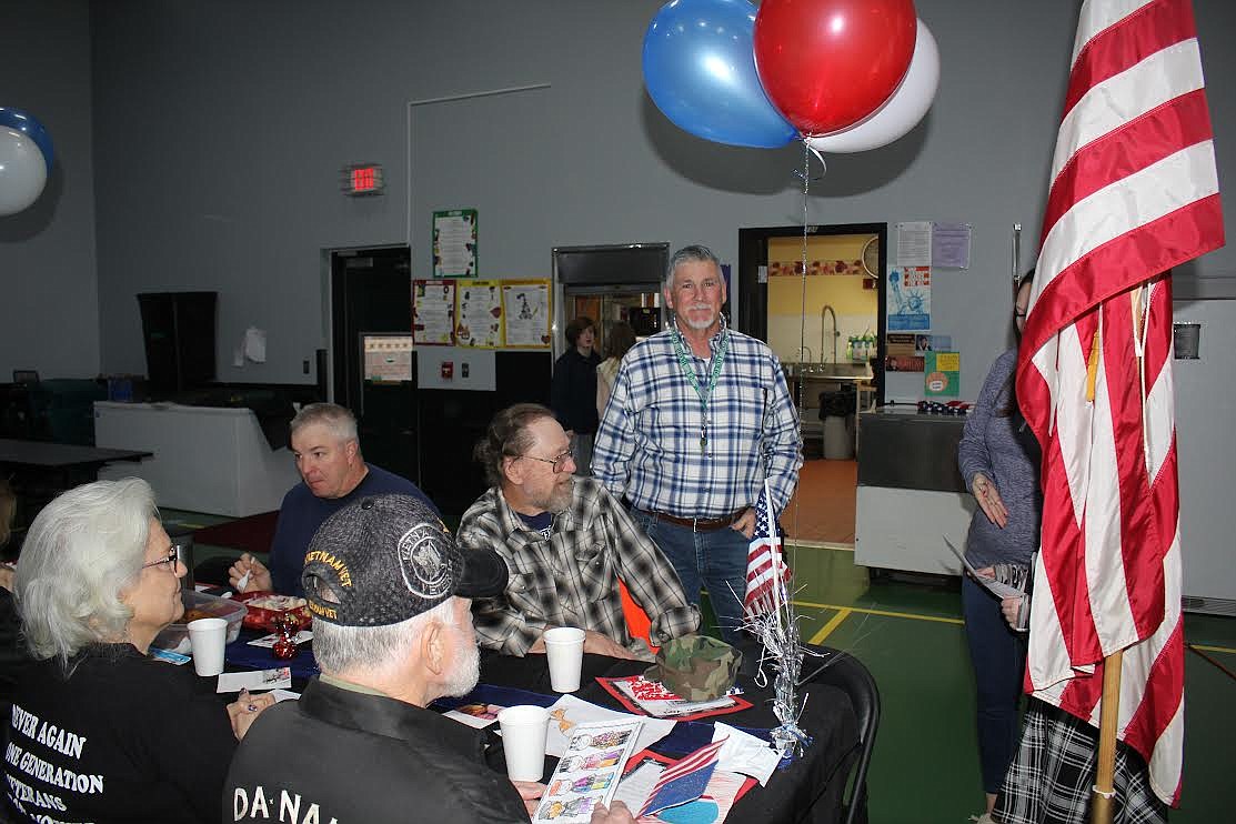 Pastor Morris Hill spoke on exceptionalism at the St. Regis School Veterans Day breakfast last week. A veteran himself, he enjoyed the morning with fellow veterans and community members and students. (Monte Turner/Mineral Independent)