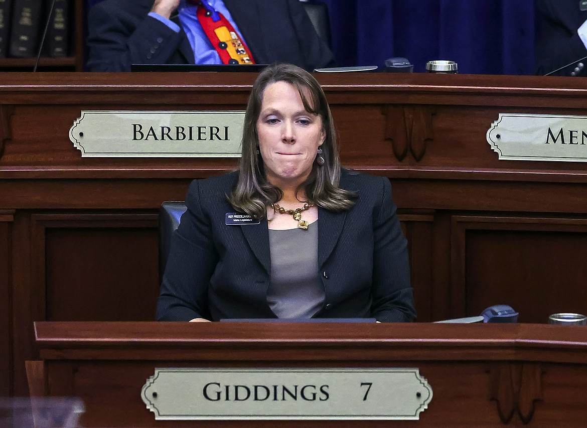 State Rep. Priscilla Giddings, R-White Bird, listens to debate in the Idaho House of Representatives, Monday, Nov. 15, 2021, in Boise, Idaho, with regard to accepting the report from an ethics committee hearing regarding conduct by Giddings during the session last spring. The House voted 49-19 in favor of the Idaho Ethics and House Policy Committee decision to censure Giddings.