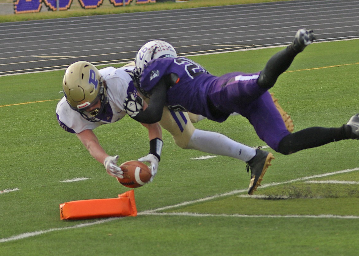 Keyen Nash stretches for an apparent Polson touchdown. Officials marked the ball short of the goal line and Laurel took over possession. (Courtesy of Bob Gunderson)