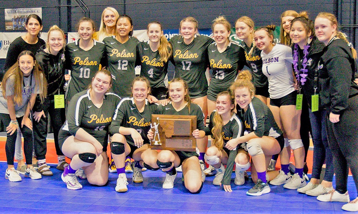 The Polson Lady Pirates pose with their 2021 third-place trophy at the state volleyball tournament in Bozeman. (Courtesy of Bob Gunderson)