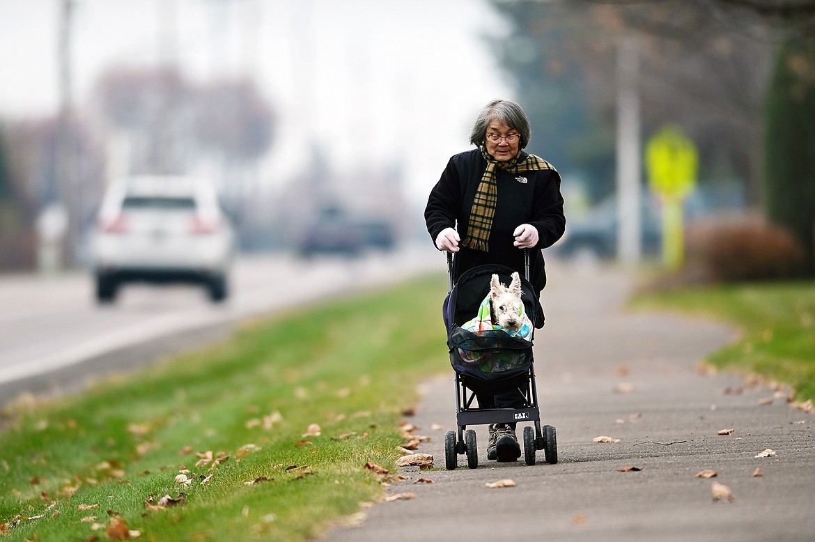 Nancy Gilliland takes her dog Stanley, a Scottish terrier and poodle cross, for a walk along Whitefish Stage Road on Wednesday, Nov. 3. (Casey Kreider/Daily Inter Lake)