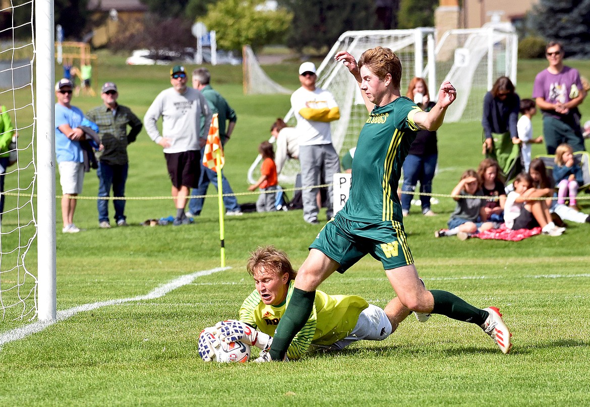 Whitefish senior Aaron Dicks tries to get past the Frenchtown goalkeeper during a game at Smith Fields in Whitefish on Saturday. (Whitney England/Whitefish Pilot)