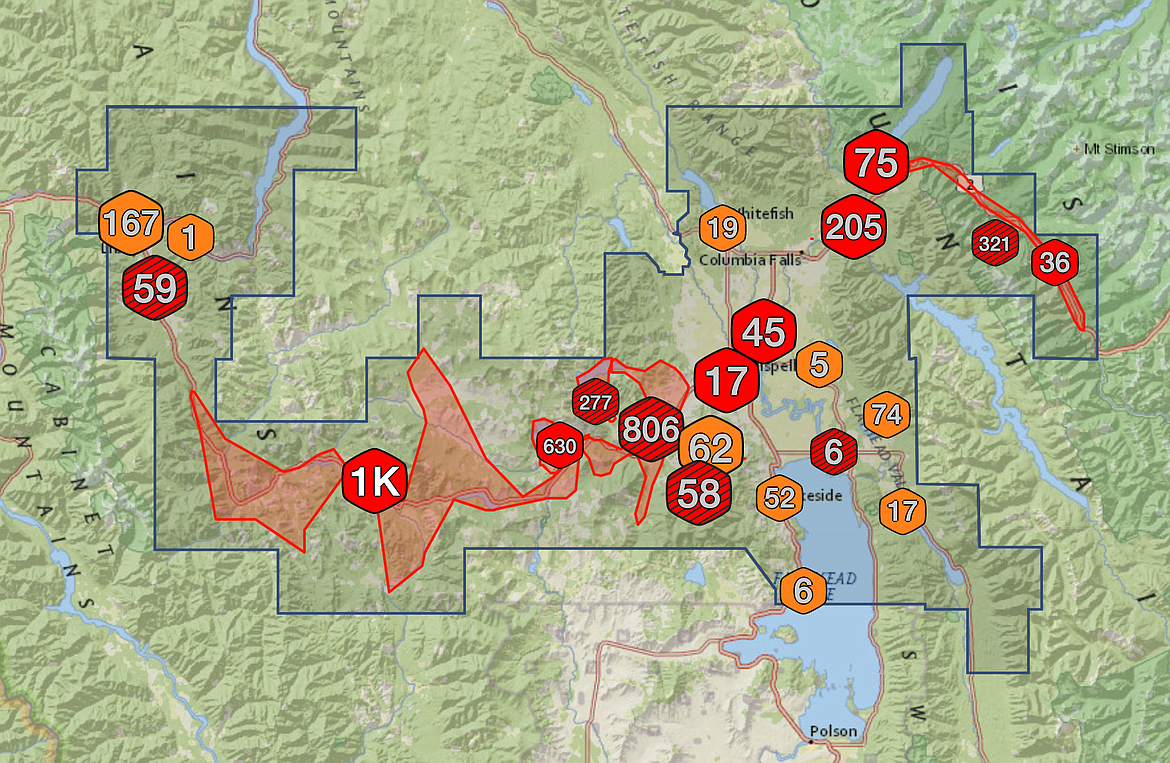 A map shows power outages across Northwest Montana as of Tuesday morning, Nov. 16, 2021.