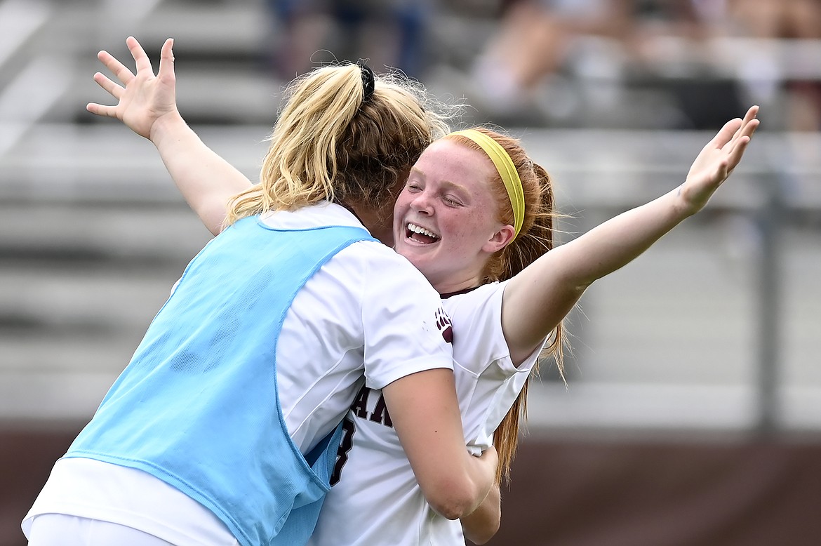 Montana’s Skyleigh Thompson celebrates a 1-0 victory over Boise State at the South Campus Stadium in Missoula on Sunday, Sept. 12, 2021. (Tommy Martino/University of Montana)