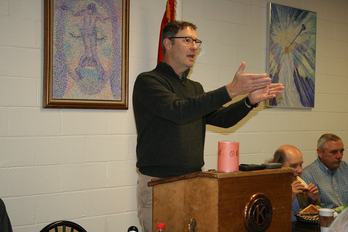 Kiwanis President James Shank makes a point during the weekly meeting Monday. Shank and other club members said the appeal of Kiwanis is the chance to help kids and the community.