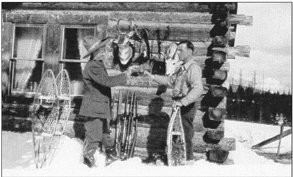 Billy Kruse, left, and Tom Reynolds, right, outside the cabin in 1929. (Courtesy photo)