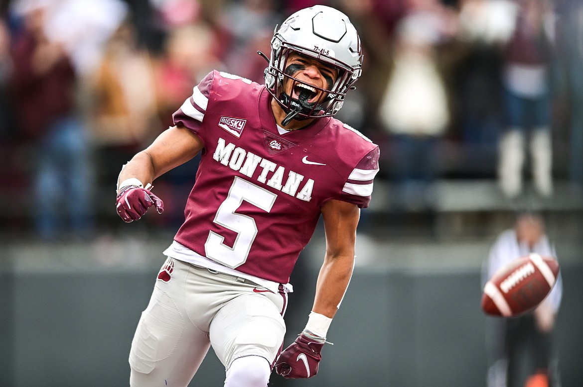 Montana running back Junior Bergen (5) celebrates after a 74-yard touchdown reception in the first quarter against Montana State during the 120th Brawl of the Wild at Washington-Grizzly Stadium on Saturday, Nov. 20. (Casey Kreider/Daily Inter Lake)