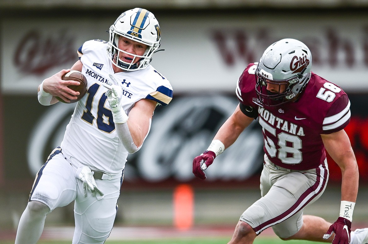 Montana State quarterback Tommy Mellott (16) tries to get past Montana linebacker Patrick O'Connell (58) during the 120th Brawl of the Wild at Washington-Grizzly Stadium on Saturday, Nov. 20. (Casey Kreider/Daily Inter Lake)