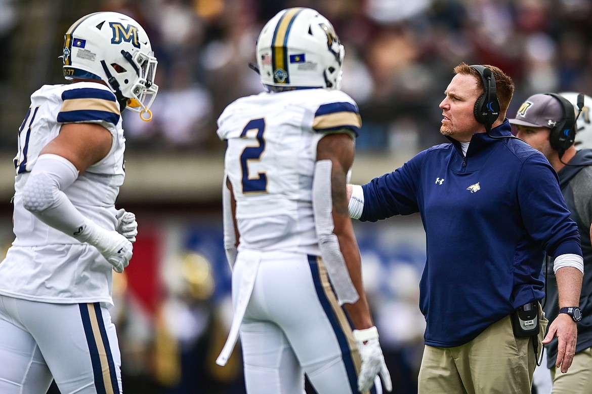 Montana State head coach Brent Vigen talks to his players as they come off the field against Montana during the 120th Brawl of the Wild at Washington-Grizzly Stadium on Saturday, Nov. 20. (Casey Kreider/Daily Inter Lake)