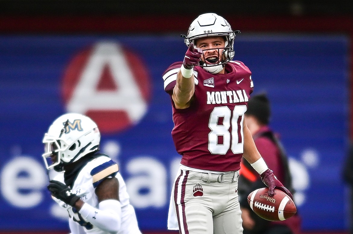 Montana wide receiver Mitch Roberts (80) motions for a first down after a reception against Montana State during the 120th Brawl of the Wild at Washington-Grizzly Stadium on Saturday, Nov. 20. (Casey Kreider/Daily Inter Lake)