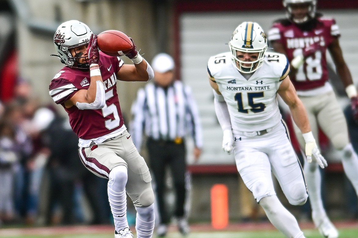 Montana running back Junior Bergen (5) catches a 74-yard touchdown pass in the first quarter against Montana State during the 120th Brawl of the Wild at Washington-Grizzly Stadium on Saturday, Nov. 20. (Casey Kreider/Daily Inter Lake)