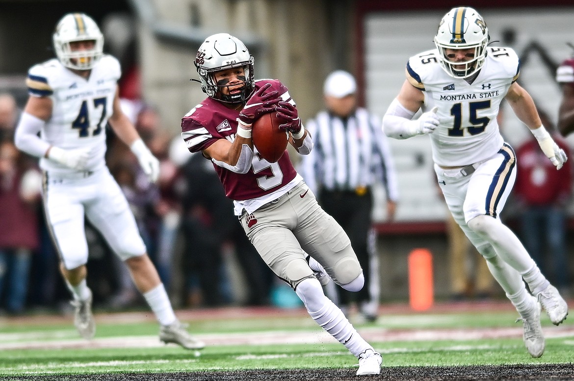 Montana running back Junior Bergen (5) catches a 74-yard touchdown pass in the first quarter against Montana State during the 120th Brawl of the Wild at Washington-Grizzly Stadium on Saturday, Nov. 20. (Casey Kreider/Daily Inter Lake)