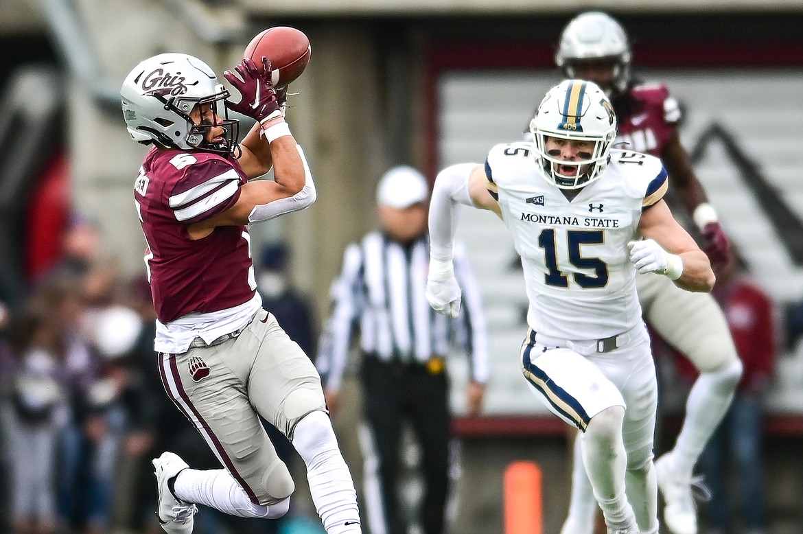 Montana running back Junior Bergen (5) catches a 74-yard touchdown pass in the first quarter against Montana State during the 120th Brawl of the Wild at Washington-Grizzly Stadium on Saturday, Nov. 20. (Casey Kreider/Daily Inter Lake)