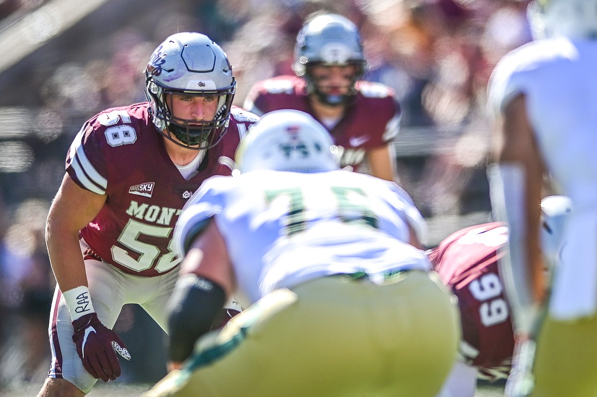 Montana linebacker Patrick O'Connell (58) awaits the snap against Cal Poly in the first quarter at Washington-Grizzly Stadium on Saturday, Sept. 25. (Casey Kreider/Daily Inter Lake)