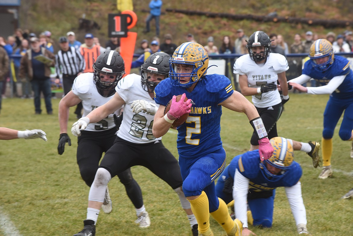 Thompson Falls senior Ryan Bucher ran for more than 200 yards and three touchdowns to help lead his team to the 2021 Montana 8-man championship last Saturday. (Scott Shindledecker/Valley Press)