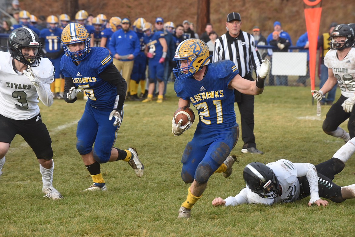 Thompson Falls senior Trae Thilmony ran for more than 100 yards as the Blue Hawks won the 2021 Montana 8-man championship last Saturday with a 40-8 win over Flint Creek. (Scott Shindledecker/Valley Press)