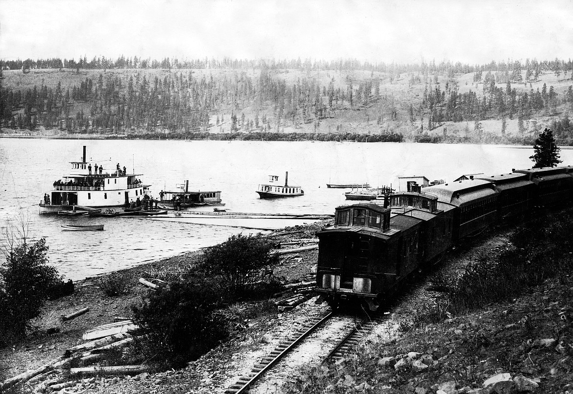 From left is seen the Amelia Wheaton, the Corwin and the General Sherman standing off Harrison in 1892. Ready to receive excursioners from an OR&N train in order to visit various points of interest on the lake.