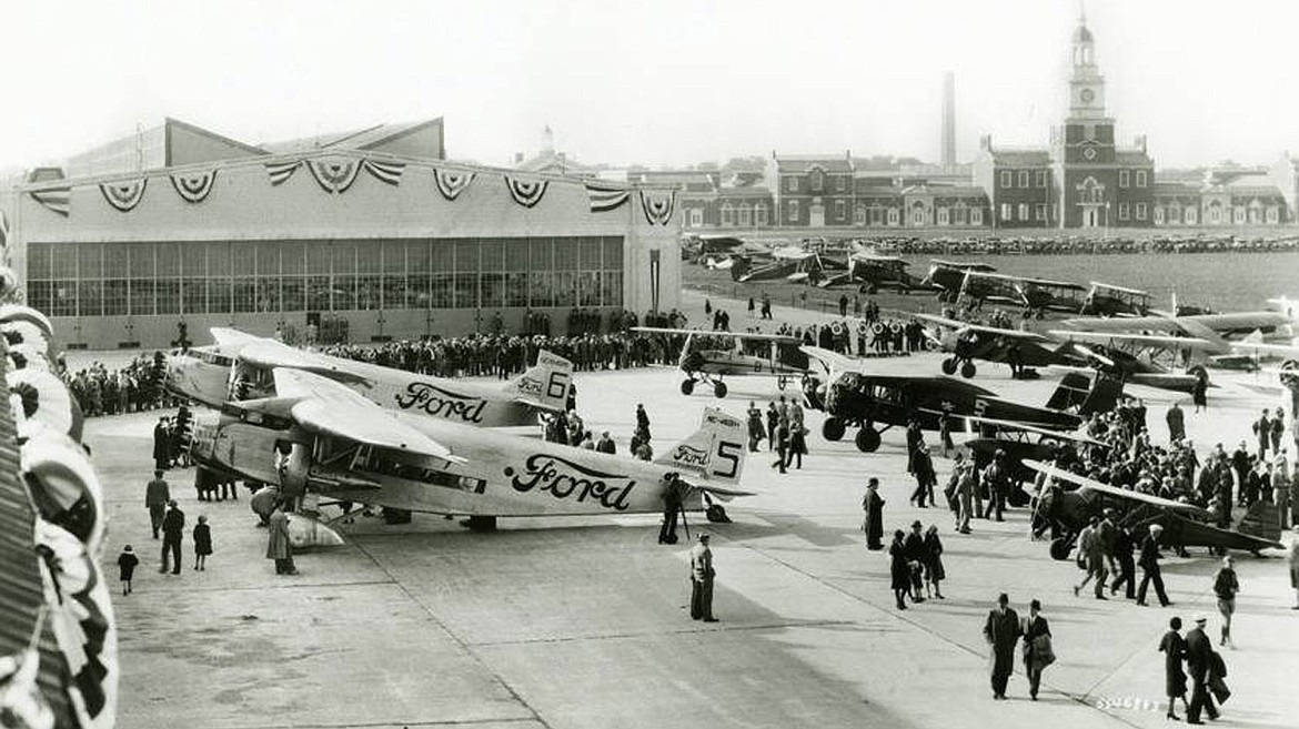 Spectators at Ford Airport, then also the site of Ford Motor Company, viewing Ford Trimotor aircraft, 199 built, with eight still flying (Photo c.1930).